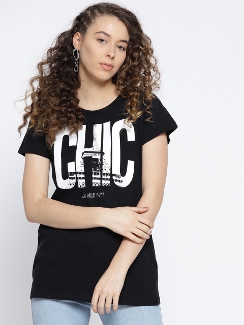 

OVS Women Black Printed Round Neck T-shirt