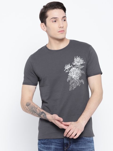 

OVS Men Charcoal Grey Printed Round Neck T-shirt