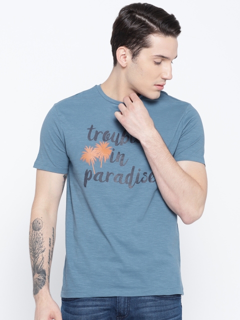 

OVS Men Teal Blue Printed Round Neck T-shirt