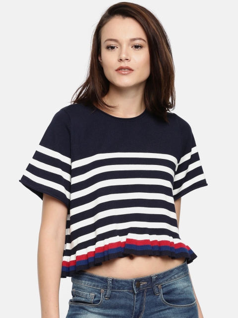 

OVS Women Navy Blue & White Striped Cropped Top