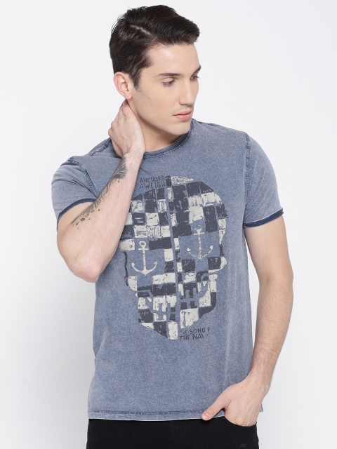 

OVS Men Blue Printed Round Neck T-shirt