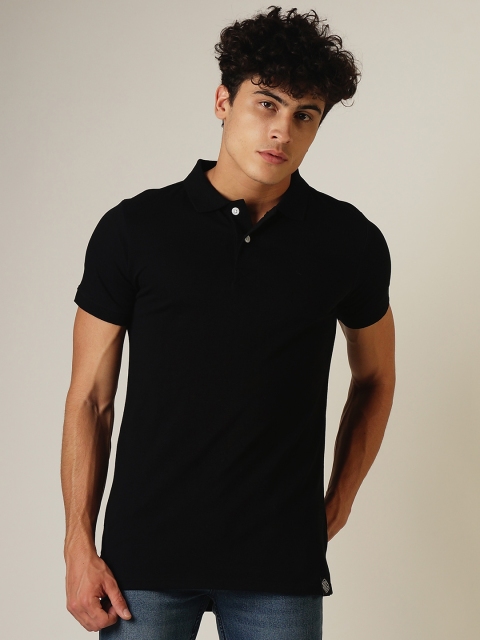 

SHELTR Men Black Self Design Polo Collar T-shirt