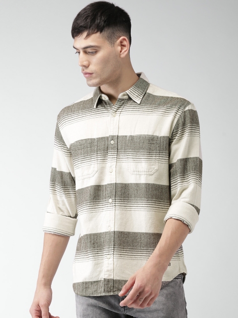 

Aeropostale Men Off-White & Coffee Brown Regular Fit Striped Casual Shirt