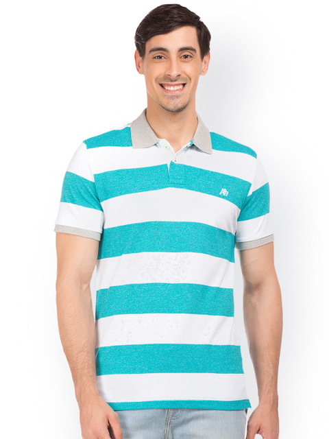 

Aeropostale Men Turquoise Blue Striped Polo Collar T-shirt