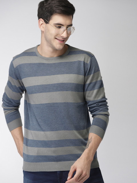 

Mast & Harbour Men Grey Melange & Blue Striped Pullover Sweater