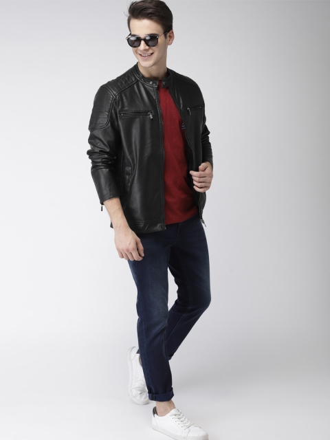 

Mast & Harbour Men Black Solid Biker Jacket