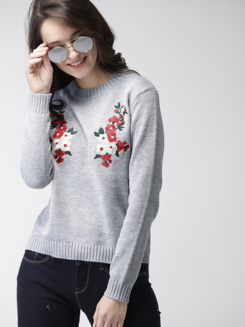 

Mast & Harbour Women Grey Embroidered Pullover