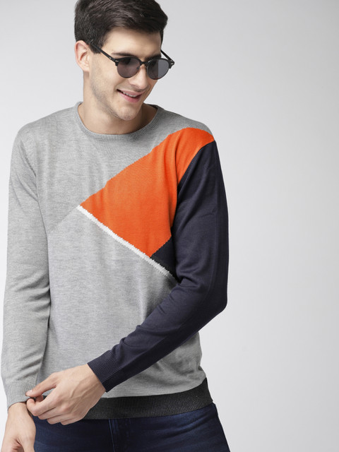 

Mast & Harbour Men Grey & Orange Colourblocked Pullover