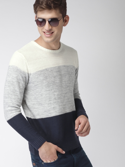 

Mast & Harbour Men Grey & Navy Blue Colourblocked Pullover Sweater