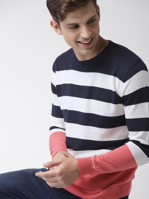 

Mast & Harbour Men Navy Blue & White Striped Pullover Sweater