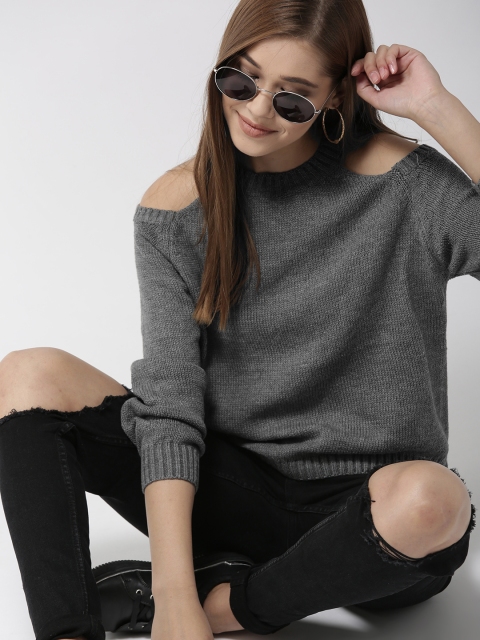 

Mast & Harbour Women Charcoal Grey Solid Pullover