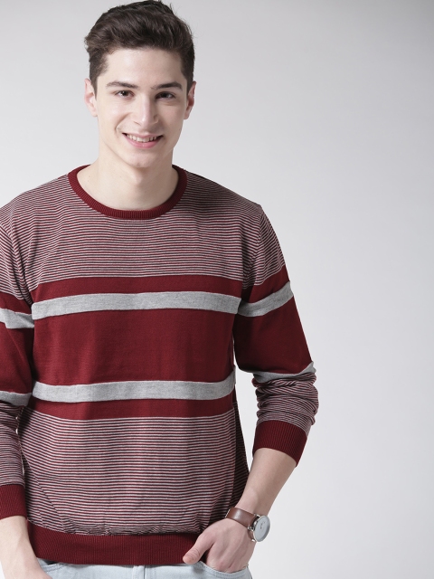 

Mast & Harbour Men Maroon & Grey Striped Pullover