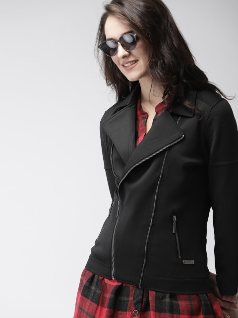 

Mast & Harbour Women Black Solid Biker Jacket
