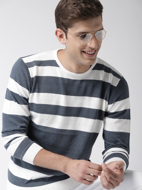 

Mast & Harbour Men Blue & White Striped Pullover Sweater