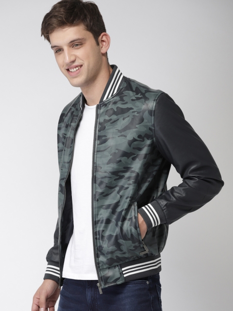 

Mast & Harbour Men Navy Blue & Olive Green Printed Bomber