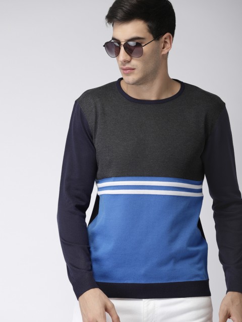 

Mast & Harbour Men Blue & Charcoal Colourblocked Pullover