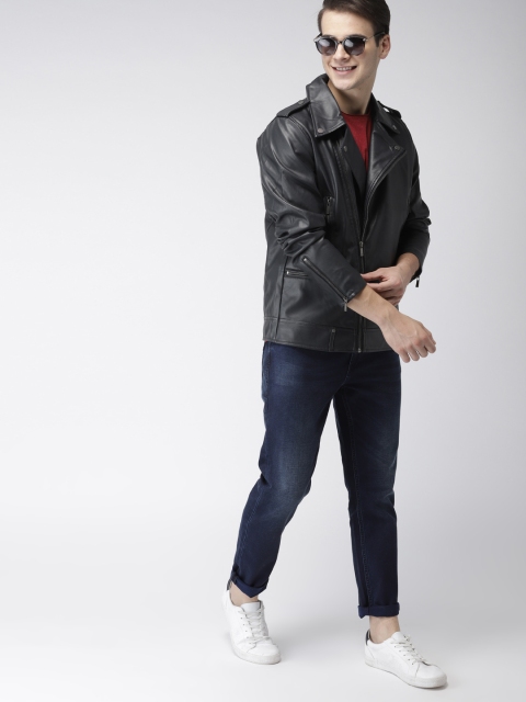 

Mast & Harbour Men Navy Blue Solid Biker Jacket