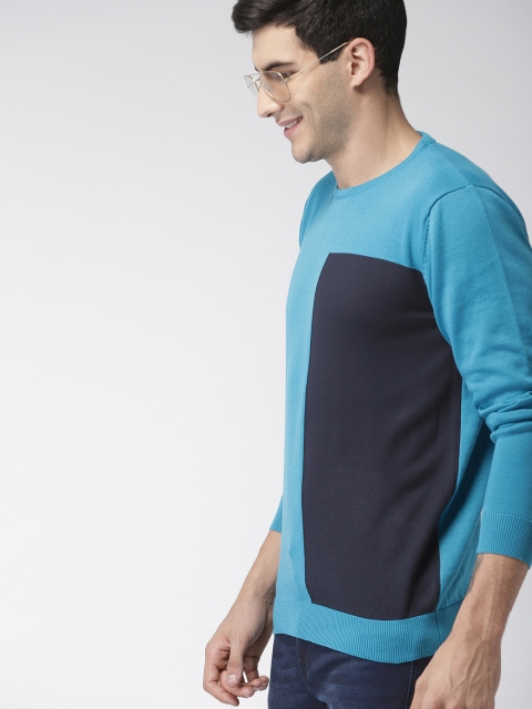

Mast & Harbour Men Turquoise Blue & Navy Blue Solid Pullover