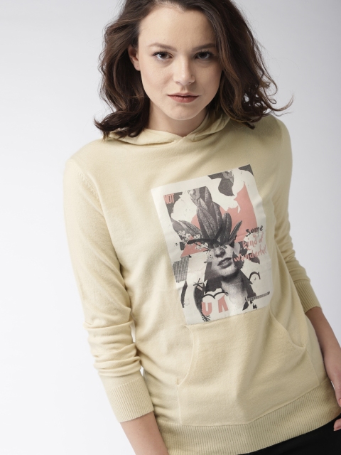 

Mast & Harbour Women Beige Printed Hooded Sweatshirt