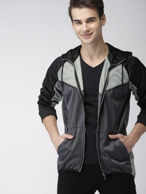 

Mast & Harbour Men Grey & Black Colourblocked Hooded Sweatshirt