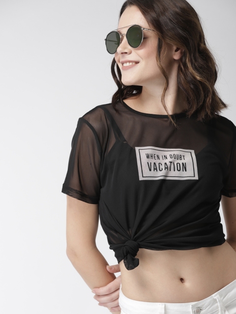 

Mast & Harbour Women Black Printed Netted Top