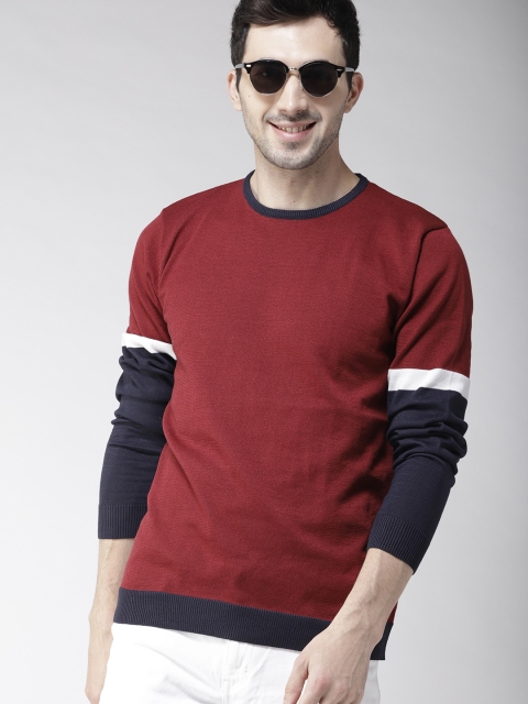 

Mast & Harbour Men Maroon & Navy Blue Solid Pullover