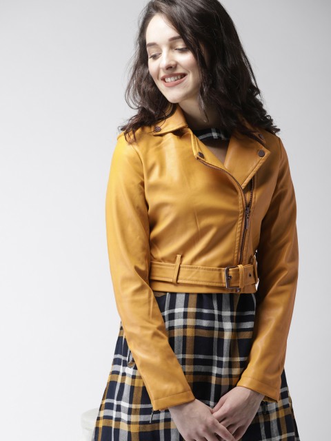 

Mast & Harbour Women Mustard Yellow Solid Biker Jacket
