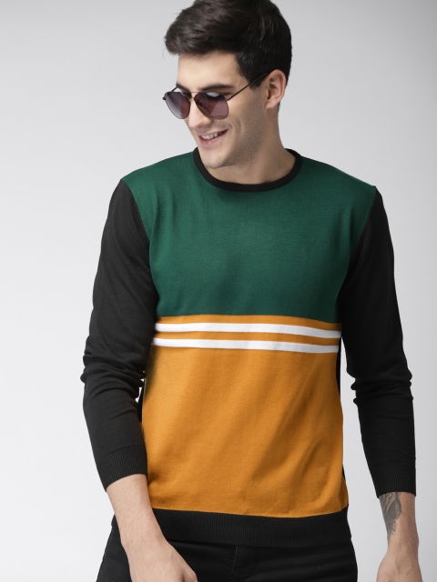 

Mast & Harbour Men Green & Mustard Yellow Colourblocked Pullover Sweater