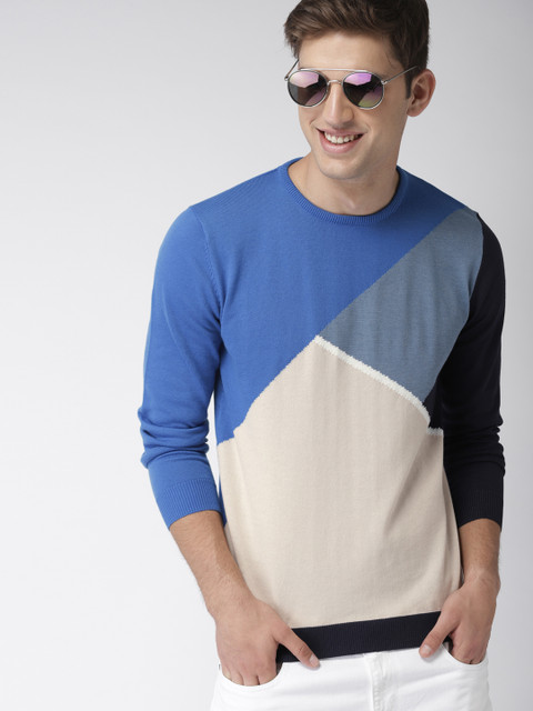 

Mast & Harbour Men Blue & Cream-Coloured Colourblocked Pullover Sweater