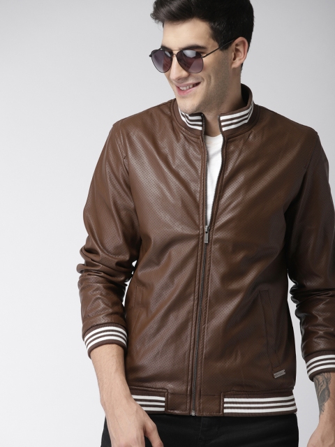

Mast & Harbour Men Brown Perforated Bomber Jacket