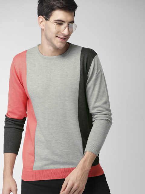

Mast & Harbour Men Grey & Pink Colourblocked Pullover Sweater