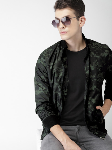

Mast & Harbour Men Olive Green Printed Bomber