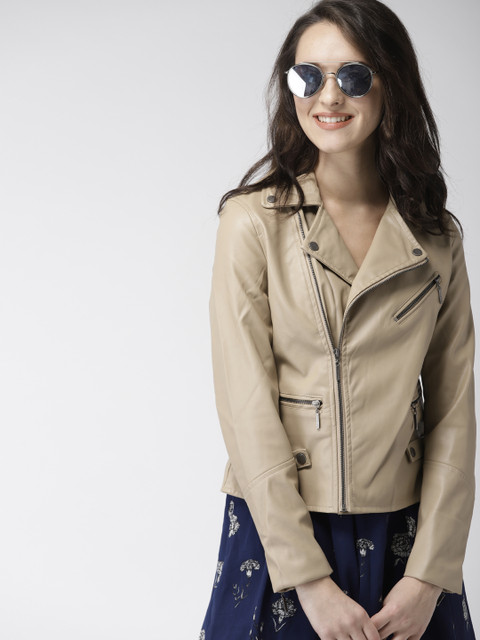 

Mast & Harbour Women Beige Solid Biker Jacket