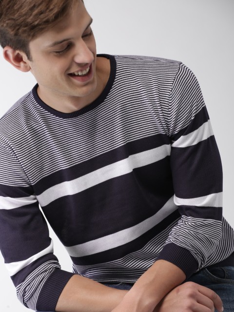 

Mast & Harbour Men Navy Blue & White Striped Pullover