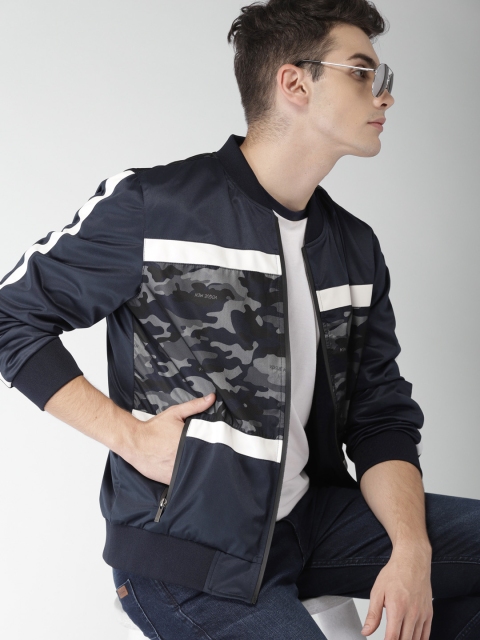 

Mast & Harbour Men Navy Blue Printed Bomber