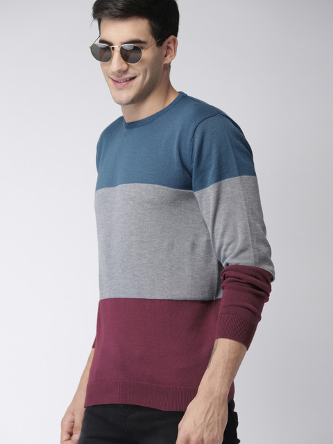 

Mast & Harbour Men Blue & Grey Colourblocked Pullover Sweater