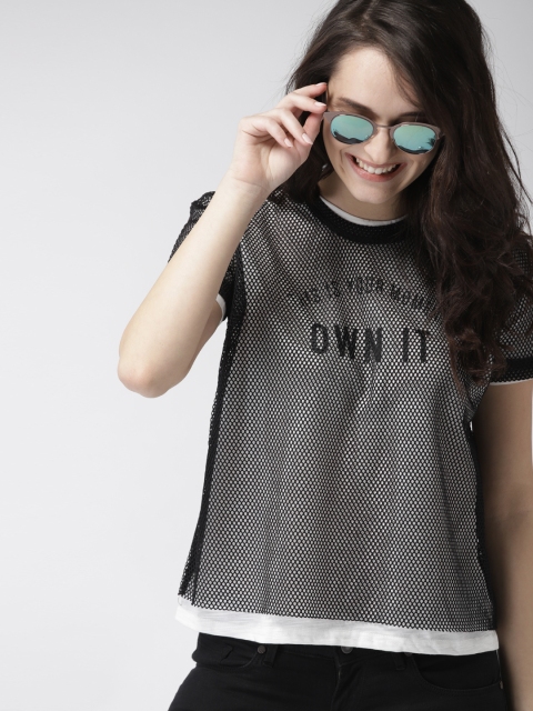

Mast & Harbour Women Black Self Design Net Top
