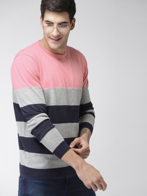 

Mast & Harbour Men Pink & Grey Striped Pullover Sweater