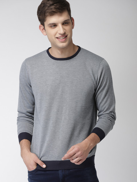 

Mast & Harbour Men Grey & Navy Blue Solid Pullover