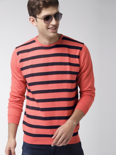 

Mast & Harbour Men Pink & Blue Striped Pullover Sweater