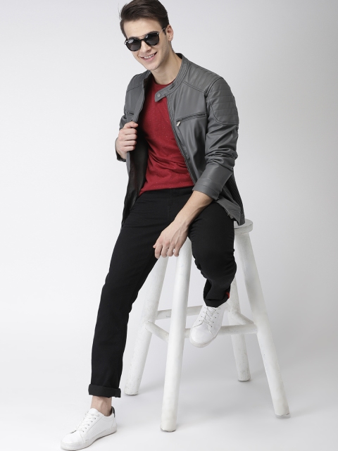 

Mast & Harbour Men Charcoal Grey Solid Biker Jacket