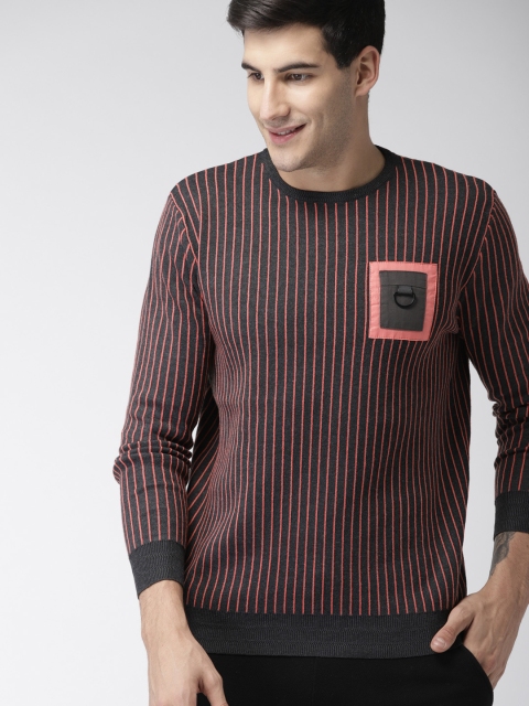

Mast & Harbour Men Grey Melange & Coral Red Self-Design Pullover Sweater