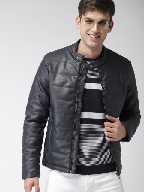 

Mast & Harbour Men Navy Blue Solid Biker Jacket
