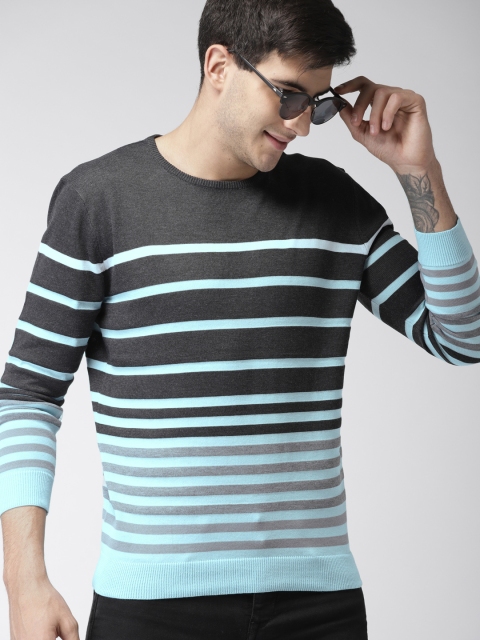 

Mast & Harbour Men Charcoal Grey & Blue Striped Pullover Sweater