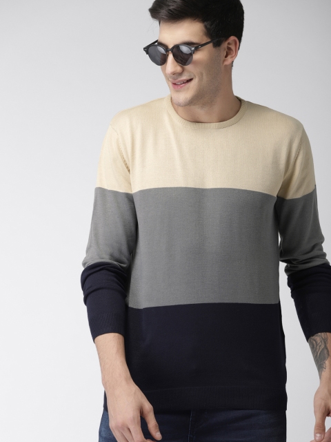 

Mast & Harbour Men Off-White & Grey Colourblocked Pullover Sweater