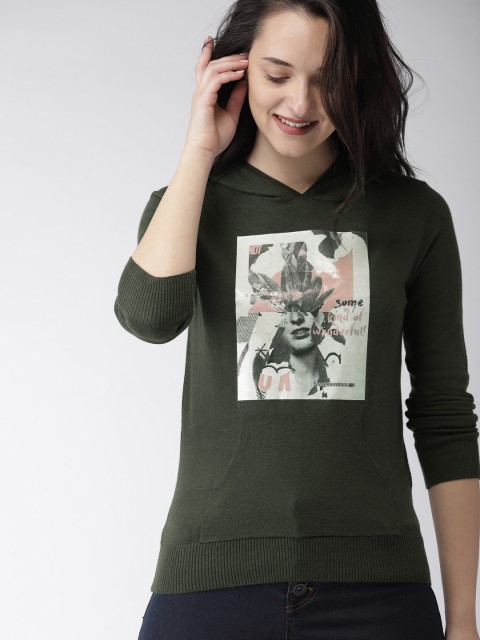 

Mast & Harbour Women Olive Green Printed Hooded Sweatshirt
