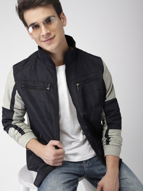 

Mast & Harbour Men Navy Blue & Grey Colourblocked Bomber Jacket