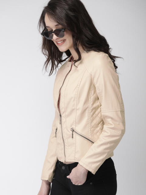 

Mast & Harbour Women Beige Solid Biker Jacket