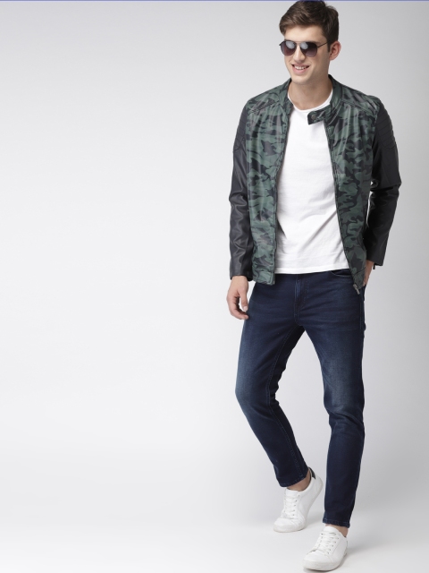 

Mast & Harbour Men Green Printed Biker Jacket