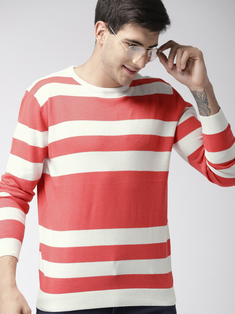 

Mast & Harbour Men Coral Pink & White Striped Pullover Sweater